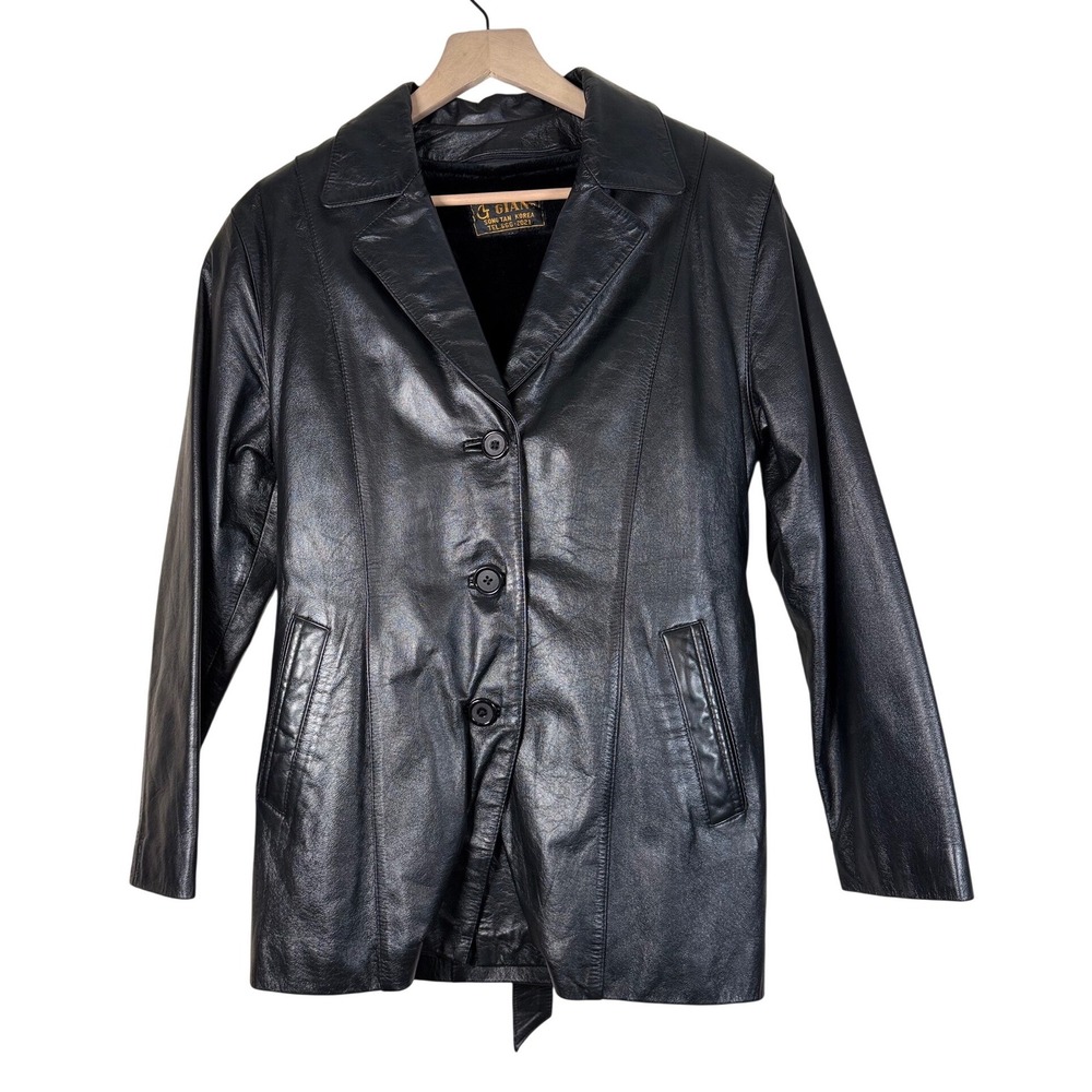 GIANT Black Leather Jacket Belted Collar‎ Button Front Size M
